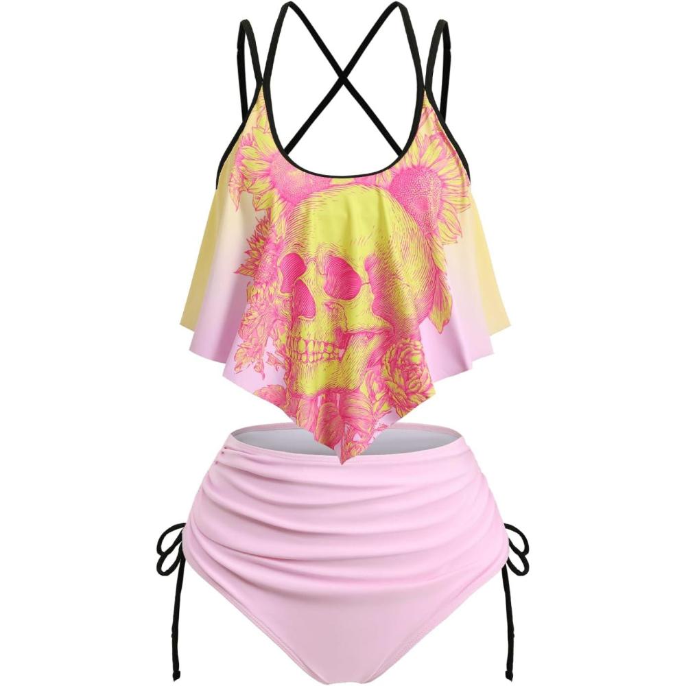 image:imageROSE GAL Women Plus Size Gothic High Waisted Bikini Sets Skull Sunflower Print Two Piece Bathing SuitsPink