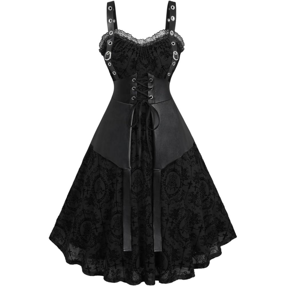 image:imageROSE GAL Women Plus Size Gothic Laceup PU Leather Patchwork Flocking Midi Dress Buckles Lace Trim Vintage Goth Midi DressBlack1