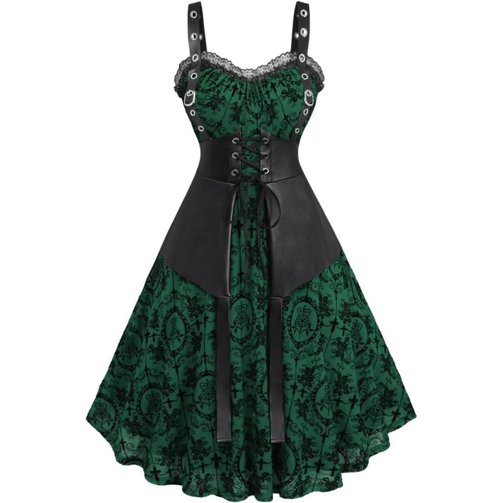 image:imageROSE GAL Women Plus Size Gothic Laceup PU Leather Patchwork Flocking Midi Dress Buckles Lace Trim Vintage Goth Midi DressGreen1
