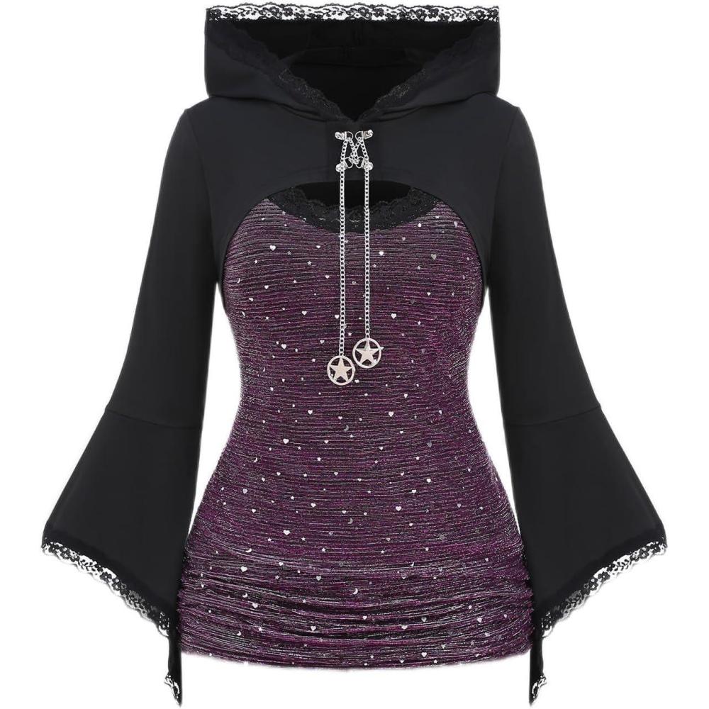image:imageROSE GAL Women Plus Size Gothic Punk Lace Panel Bell Sleeves Chains Hooded Strug and Textured Tank Top SetBlack3