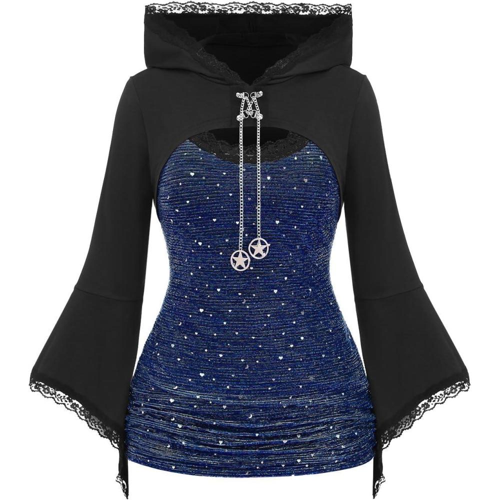 image:imageROSE GAL Women Plus Size Gothic Punk Lace Panel Bell Sleeves Chains Hooded Strug and Textured Tank Top SetBlue1