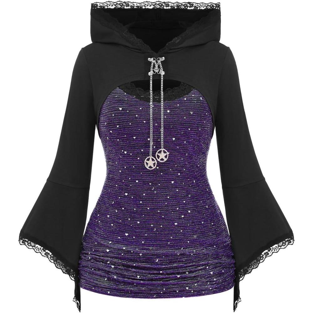 image:imageROSE GAL Women Plus Size Gothic Punk Lace Panel Bell Sleeves Chains Hooded Strug and Textured Tank Top SetPurple1