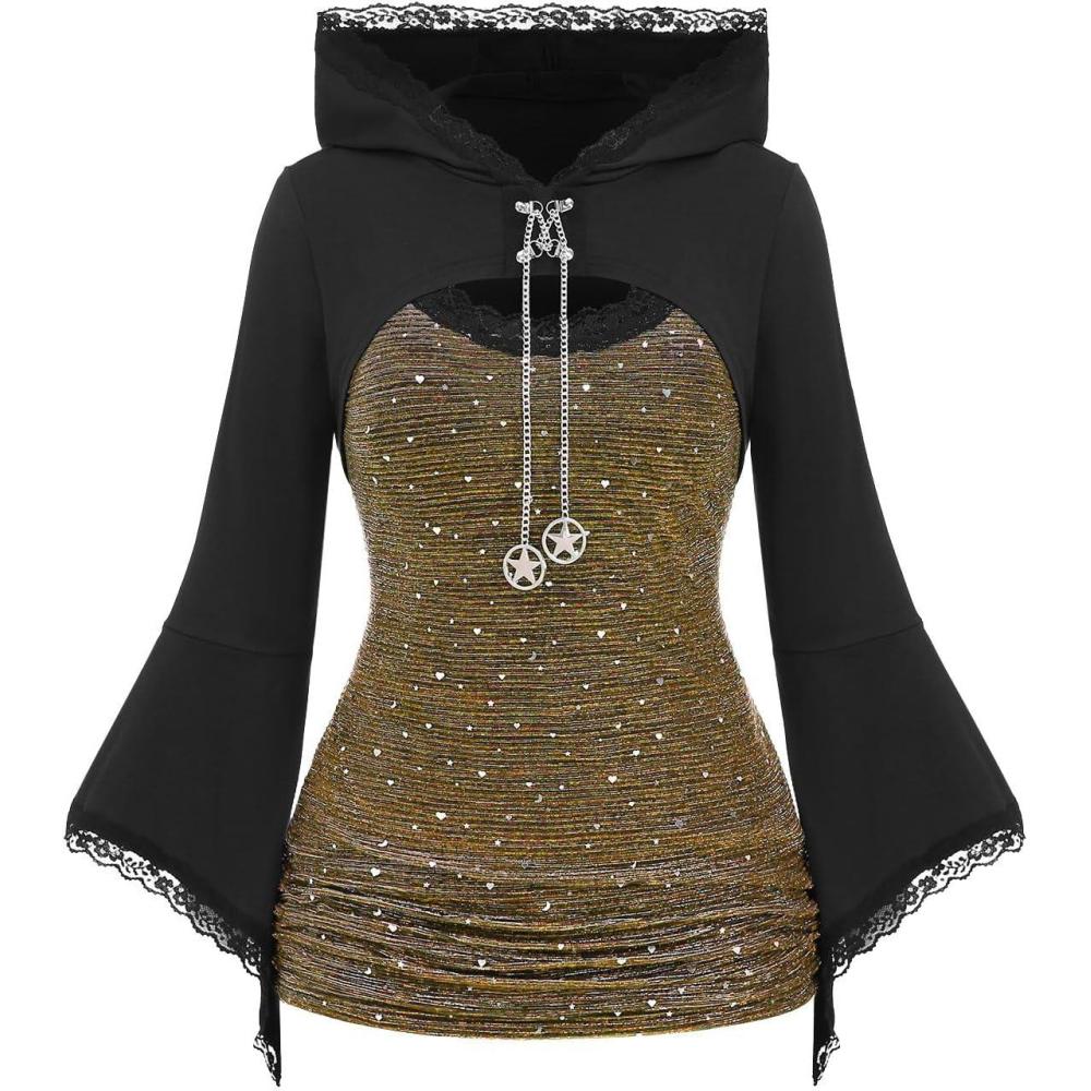 image:imageROSE GAL Women Plus Size Gothic Punk Lace Panel Bell Sleeves Chains Hooded Strug and Textured Tank Top SetYellow1