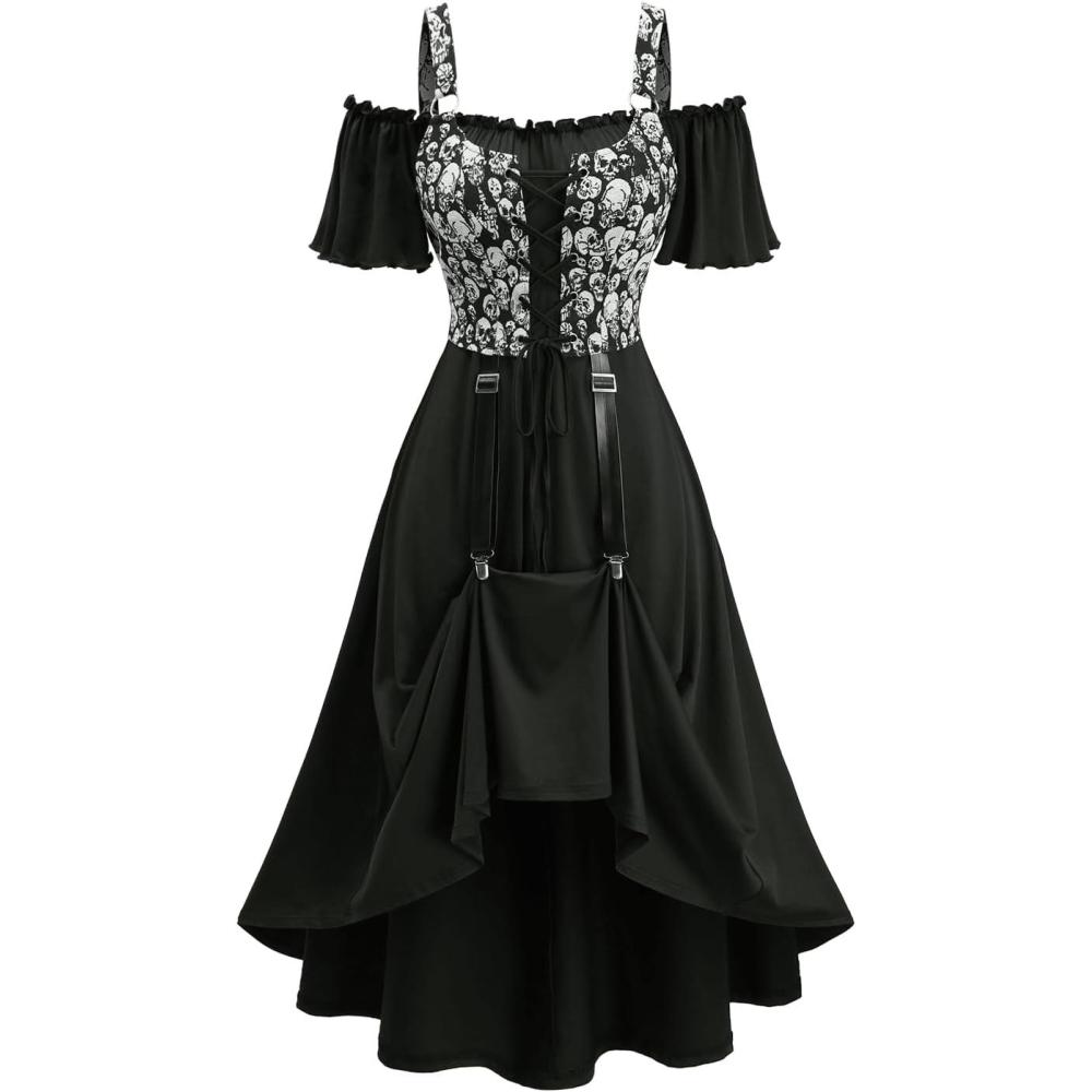 image:imageROSE GAL Women Plus Size Gothic Steampunk Renaissance Cold Shoulder Midi Laceup Skull Jacquard Corset DressBlack