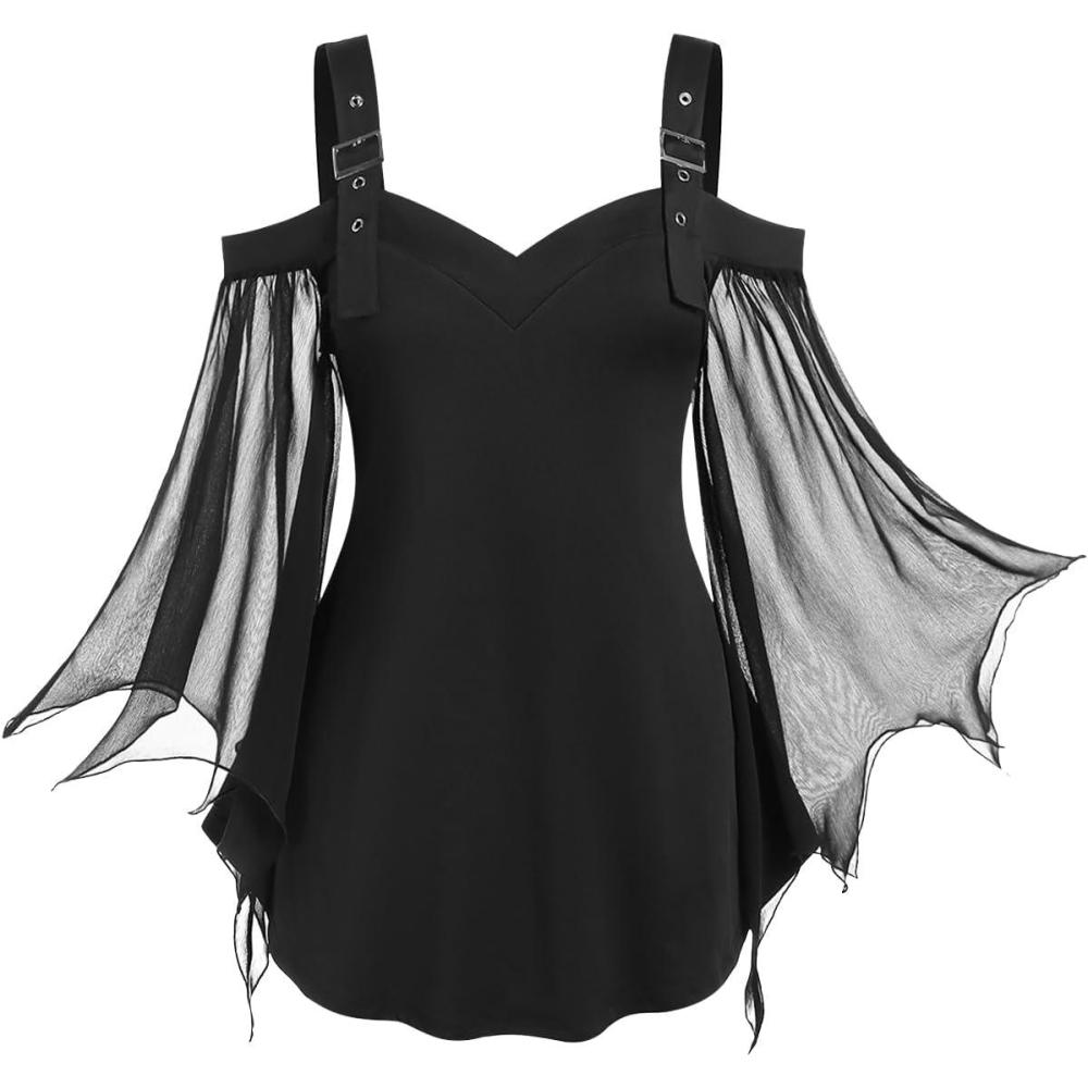 image:imageROSE GAL Women Plus Size Gothic Top Buckle Straps Cold Shoulder Mesh Bell Sleeve Witch Halloween Costume Gothic TeeBlack1