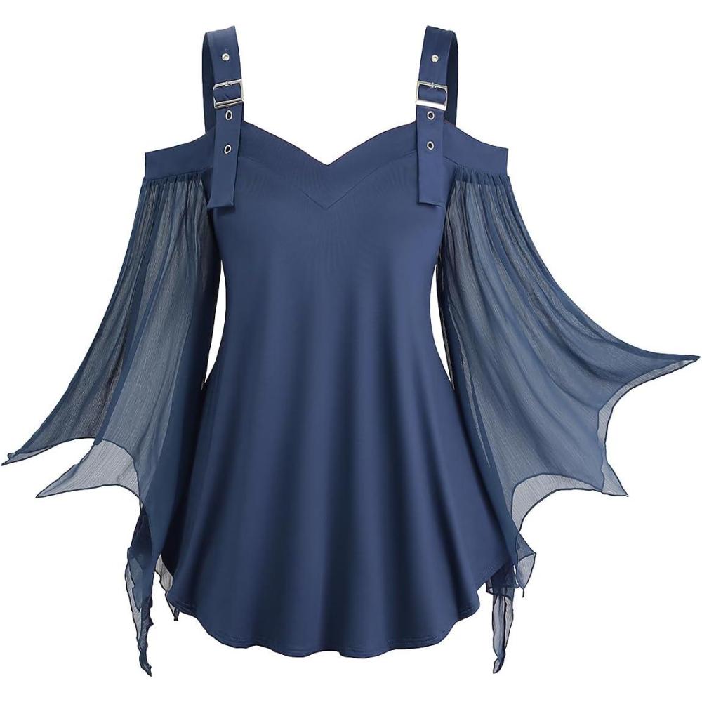 image:imageROSE GAL Women Plus Size Gothic Top Buckle Straps Cold Shoulder Mesh Bell Sleeve Witch Halloween Costume Gothic TeeBlue1