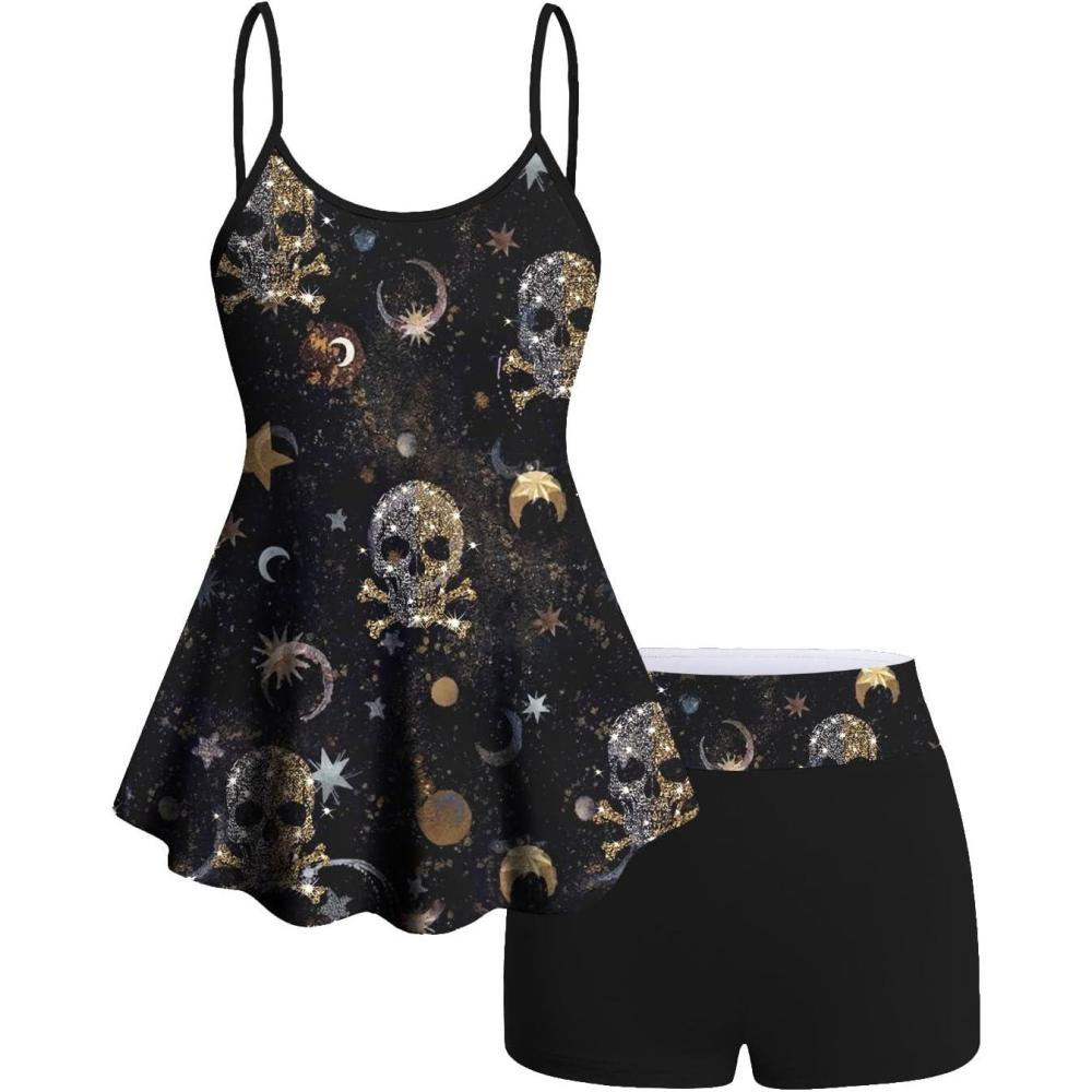 image:imageROSE GAL Women Plus Size Gothic Tummy Control Modest Tankini Swimsuit Skulls Print Two Piece Bathing SuitsBlack