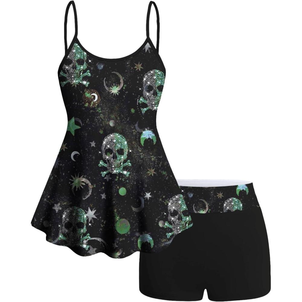 image:imageROSE GAL Women Plus Size Gothic Tummy Control Modest Tankini Swimsuit Skulls Print Two Piece Bathing SuitsBlue