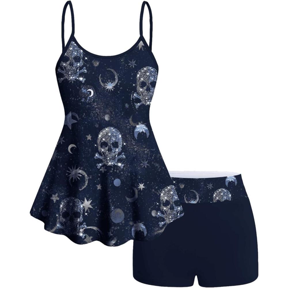 image:imageROSE GAL Women Plus Size Gothic Tummy Control Modest Tankini Swimsuit Skulls Print Two Piece Bathing SuitsBlue1