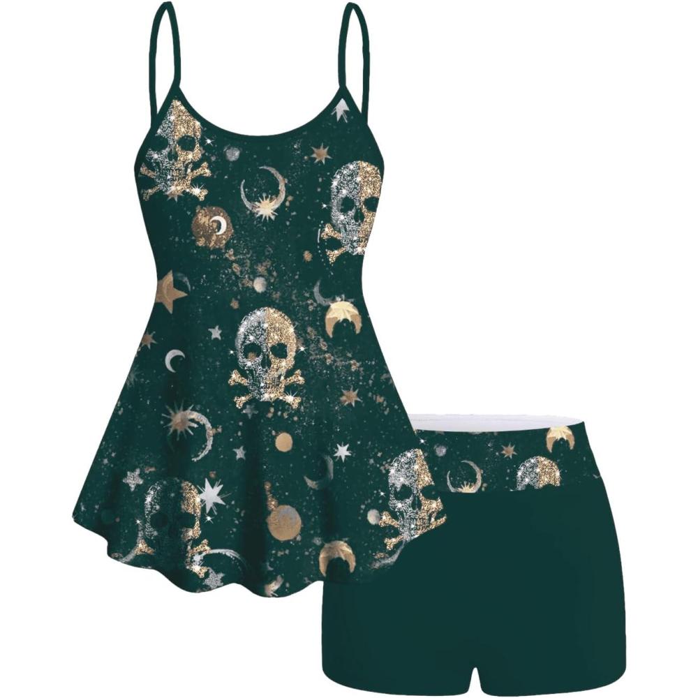 image:imageROSE GAL Women Plus Size Gothic Tummy Control Modest Tankini Swimsuit Skulls Print Two Piece Bathing SuitsGreen1