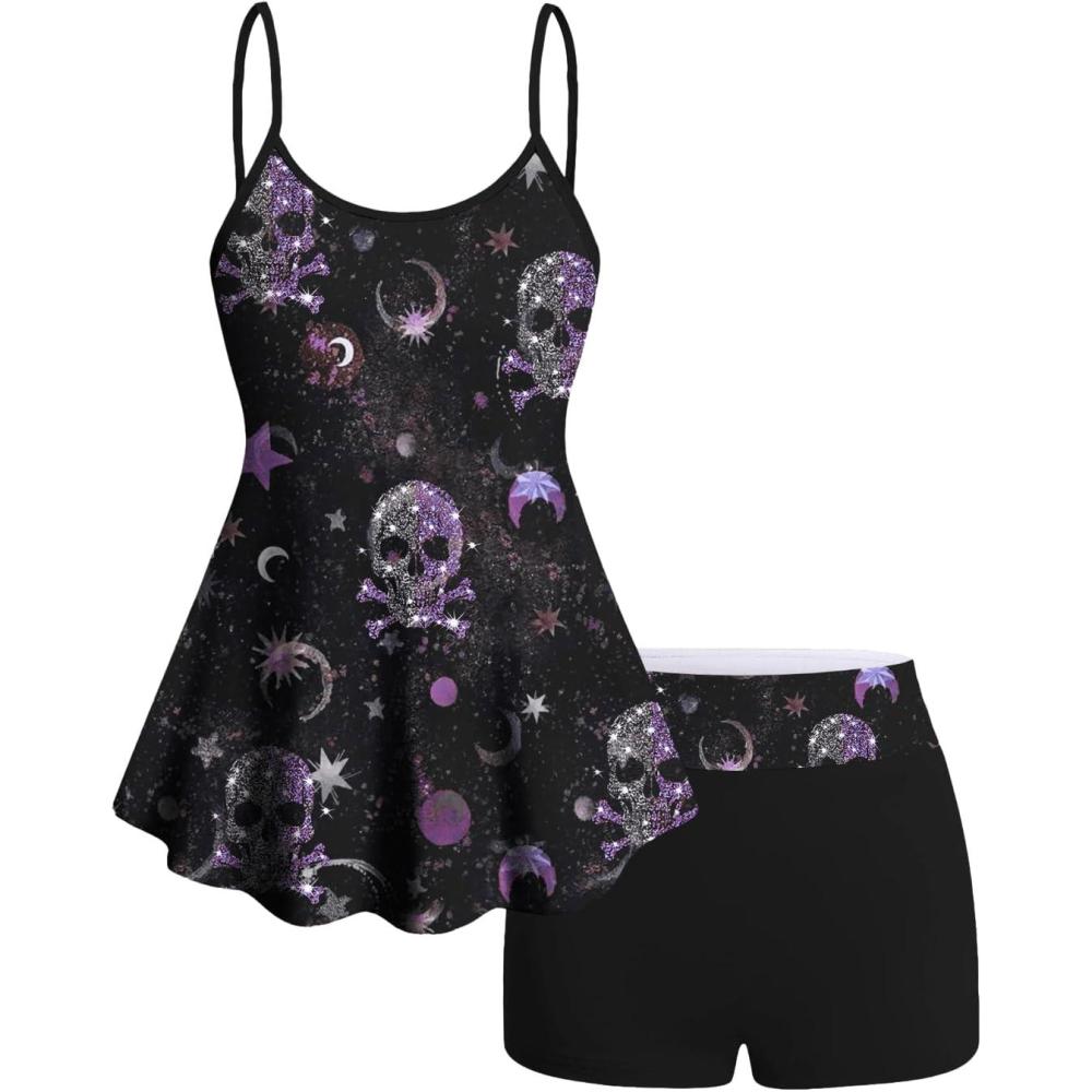 image:imageROSE GAL Women Plus Size Gothic Tummy Control Modest Tankini Swimsuit Skulls Print Two Piece Bathing SuitsPurple