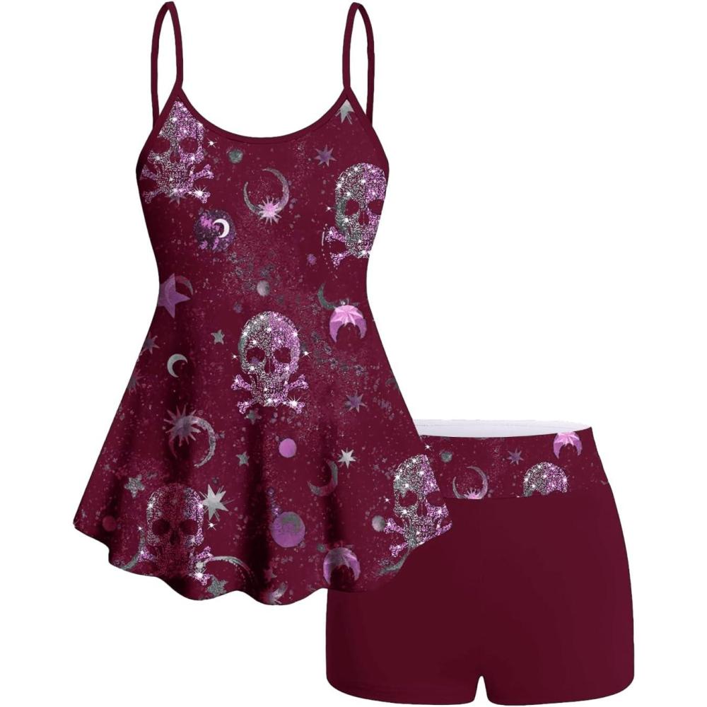 image:imageROSE GAL Women Plus Size Gothic Tummy Control Modest Tankini Swimsuit Skulls Print Two Piece Bathing SuitsRed1