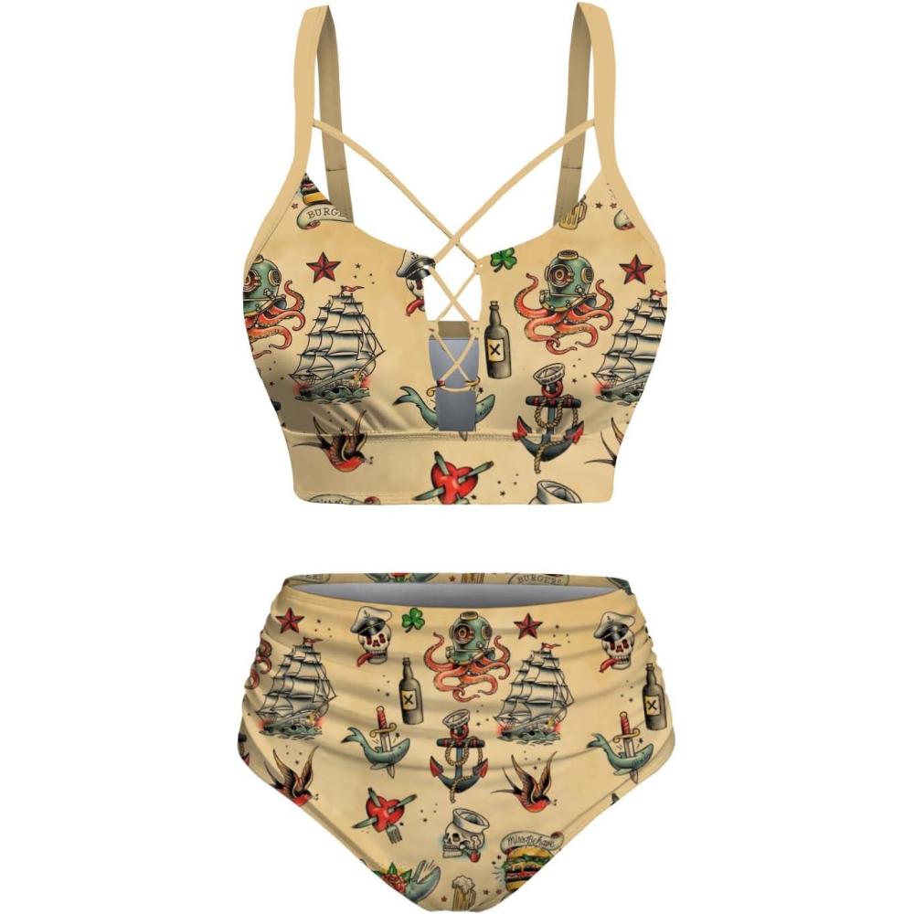image:imageROSE GAL Women Plus Size Hawaii Two Piece Bikini Swimsuit Sets Starfish Octopus Anchor Goth Strappy SwimwearCoffee1