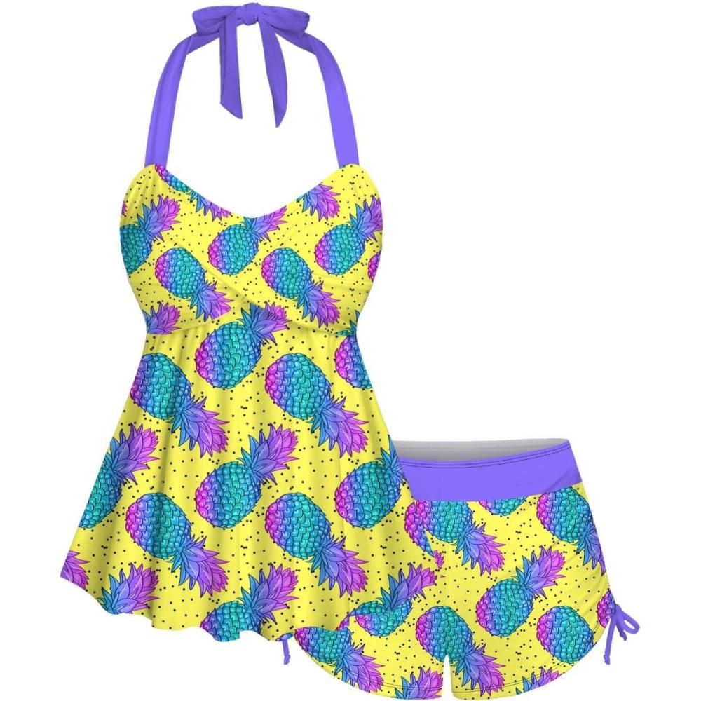 image:imageROSE GAL Women Plus Size Hawaii Two Piece Tankini Swimsuit Set Tropic Fruits Pineapple Halter Boyleg SwimsuitsYellow1