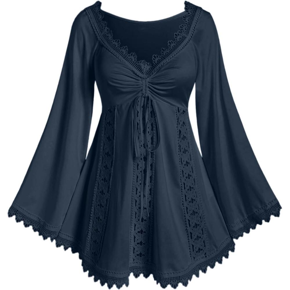 image:imageROSE GAL Women Plus Size Lace Trim Hollow Out Cinched Flare Sleeves TShirt Bell Sleeves Renaissance TopBlue1