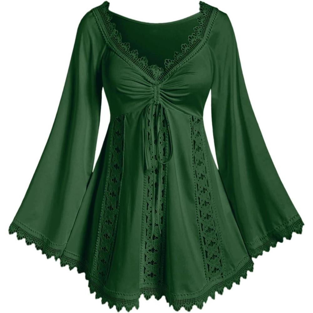 image:imageROSE GAL Women Plus Size Lace Trim Hollow Out Cinched Flare Sleeves TShirt Bell Sleeves Renaissance TopGreen1