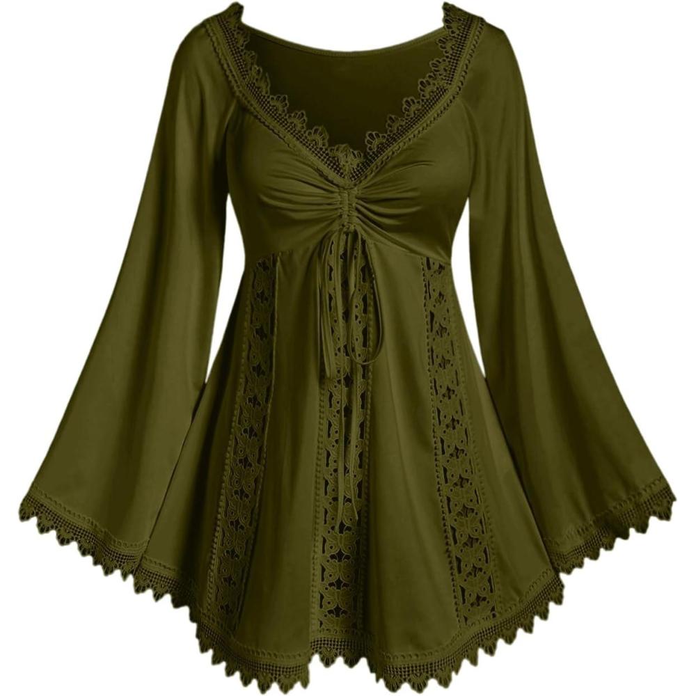 image:imageROSE GAL Women Plus Size Lace Trim Hollow Out Cinched Flare Sleeves TShirt Bell Sleeves Renaissance TopGreen2