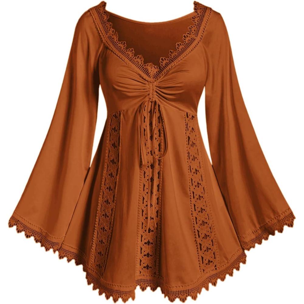 image:imageROSE GAL Women Plus Size Lace Trim Hollow Out Cinched Flare Sleeves TShirt Bell Sleeves Renaissance TopOrange1