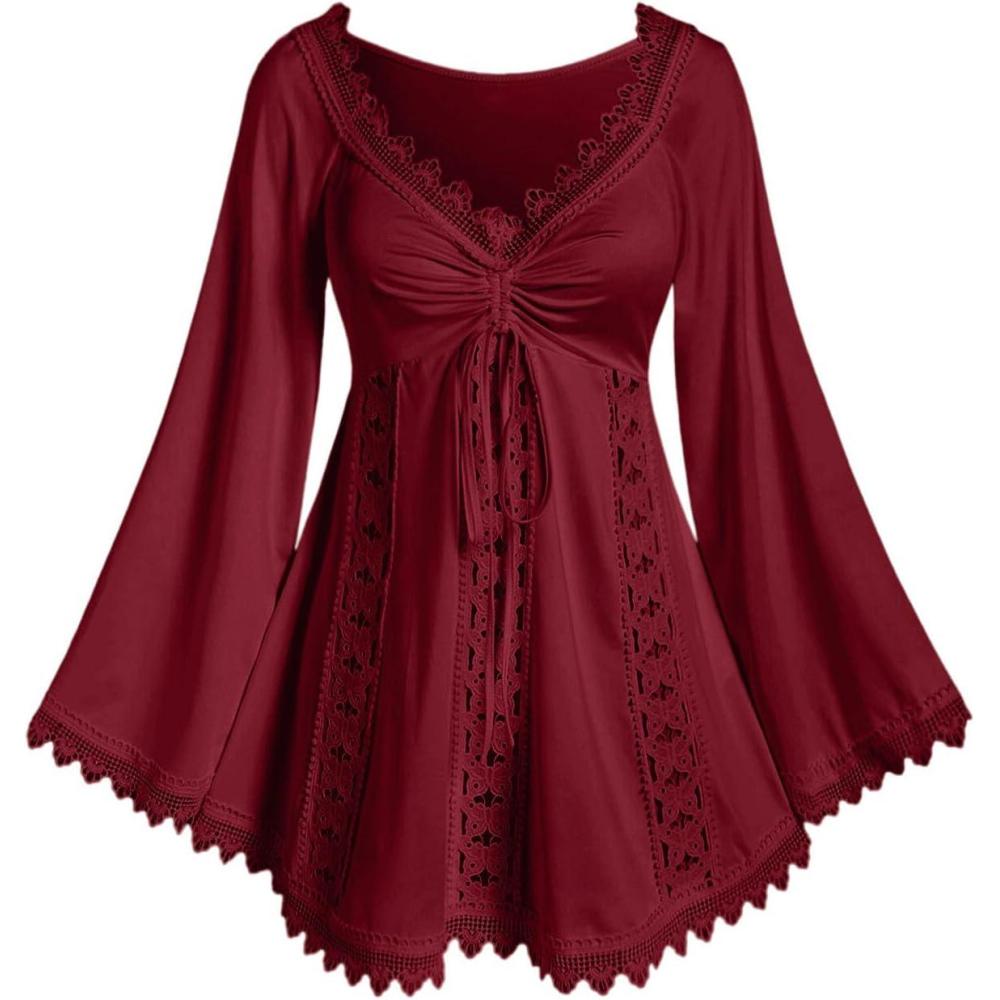 image:imageROSE GAL Women Plus Size Lace Trim Hollow Out Cinched Flare Sleeves TShirt Bell Sleeves Renaissance TopRed1