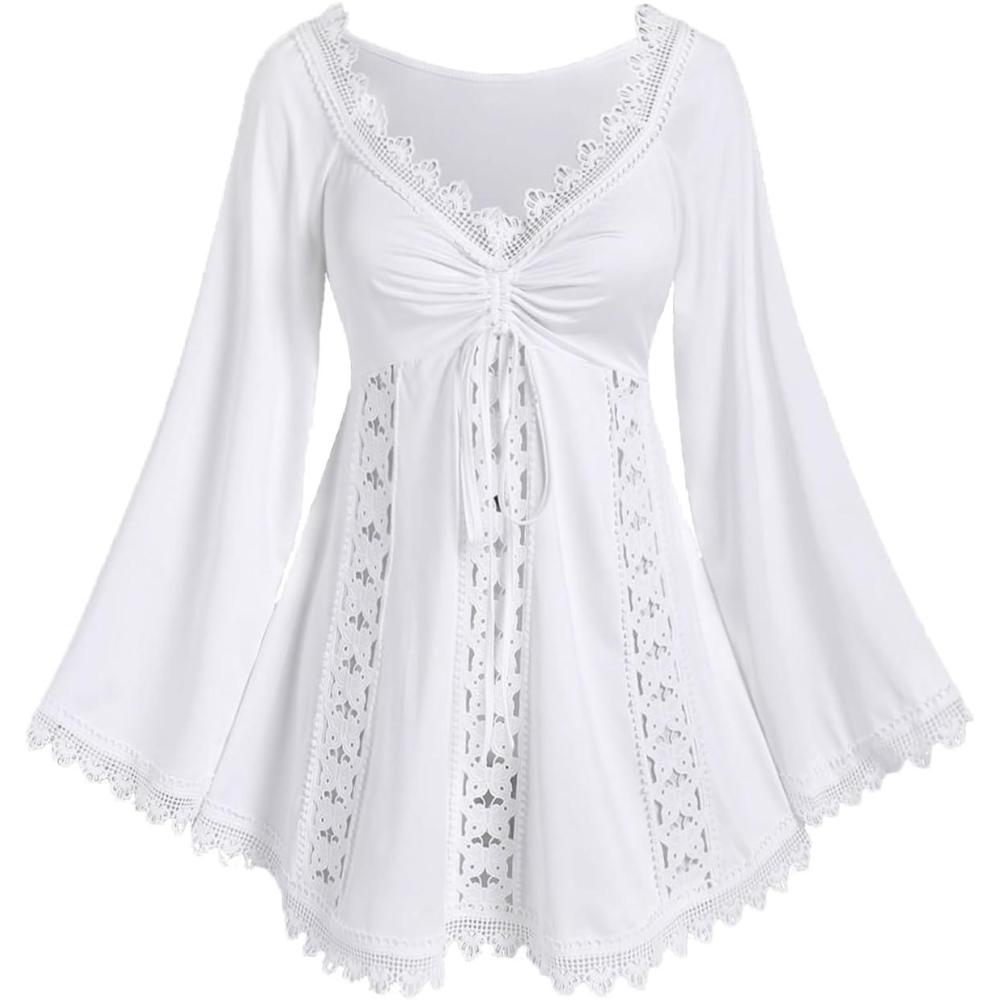 image:imageROSE GAL Women Plus Size Lace Trim Hollow Out Cinched Flare Sleeves TShirt Bell Sleeves Renaissance TopWhite1