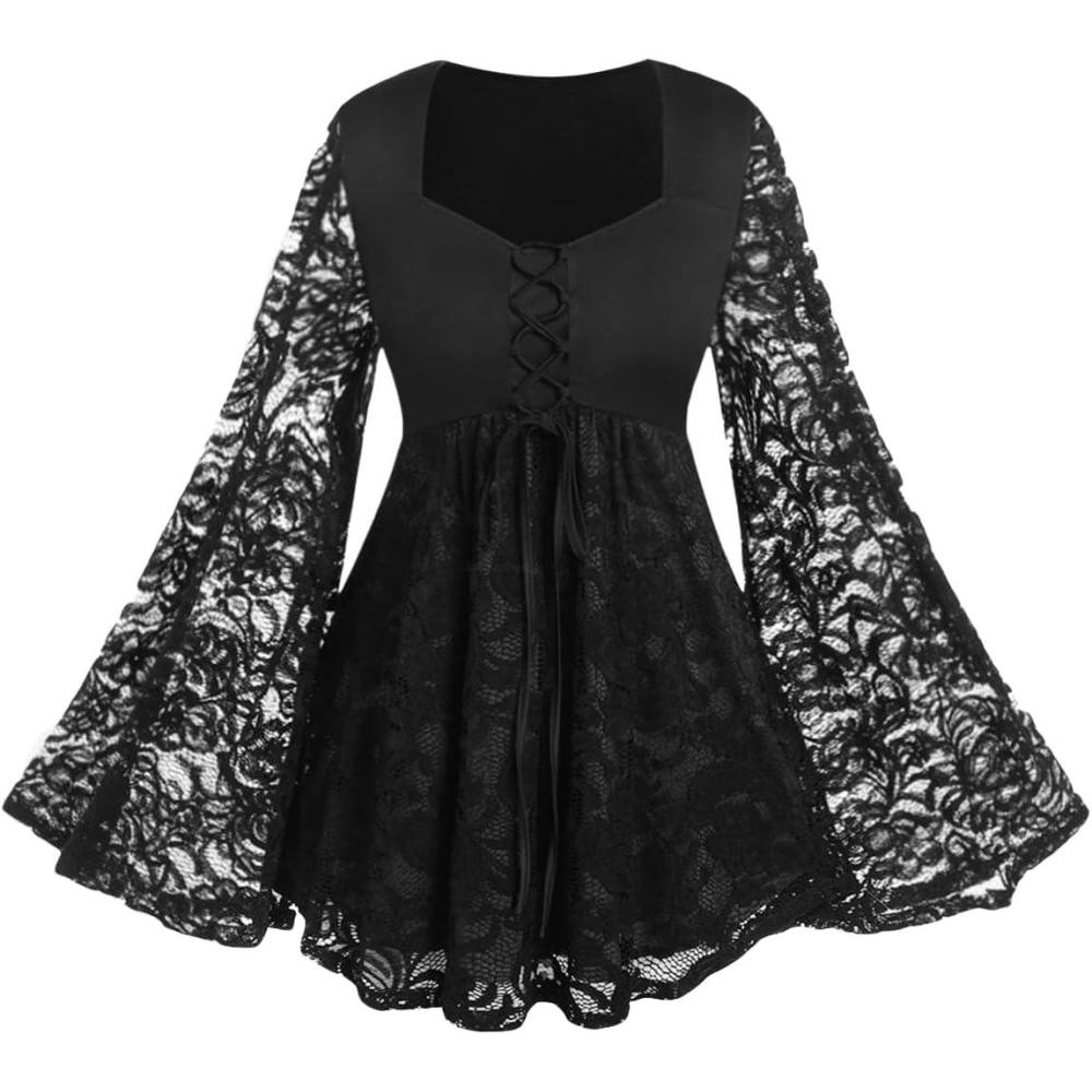 image:imageROSE GAL Women Plus Size Laceup Gothic Witch Halloween Costume Bell Sleeves TShirtBlack1