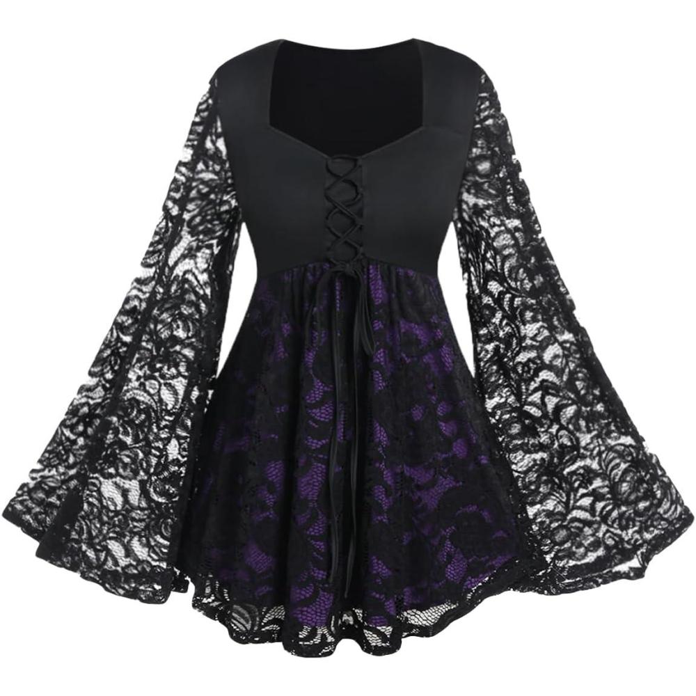 image:imageROSE GAL Women Plus Size Laceup Gothic Witch Halloween Costume Bell Sleeves TShirtBlack2