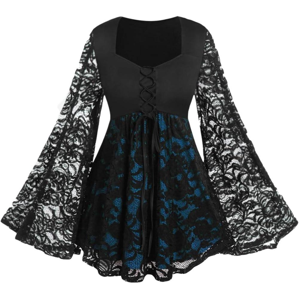 image:imageROSE GAL Women Plus Size Laceup Gothic Witch Halloween Costume Bell Sleeves TShirtBlue1