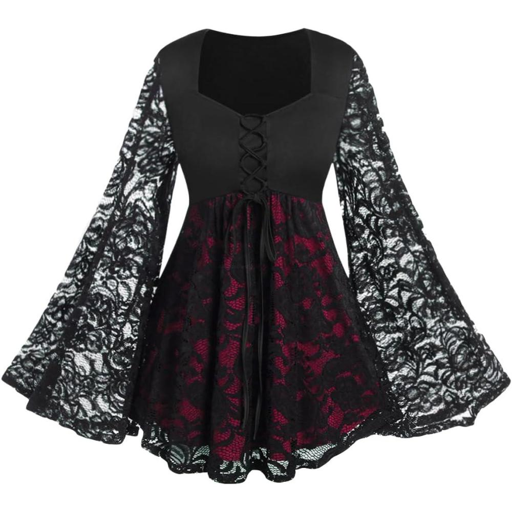 image:imageROSE GAL Women Plus Size Laceup Gothic Witch Halloween Costume Bell Sleeves TShirtRed1