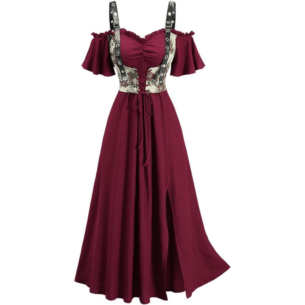 image:imageROSE GAL Women Plus Size Medieval Renaissance Costume Cold Shoulder Textured Crinkly Maxi Corset DressRed