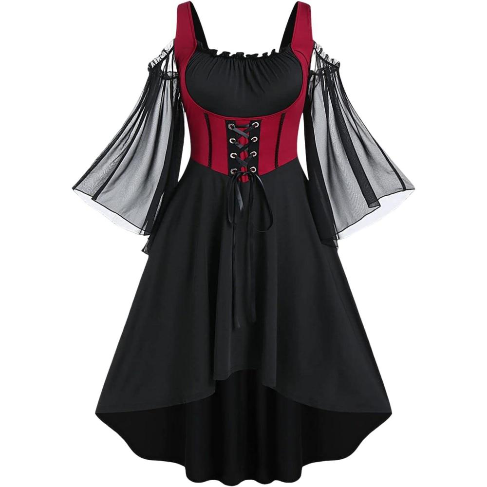 image:imageROSE GAL Women Plus Size Punk Cold Shoulder Flare Sleeves Lace Gothic DressBlack217