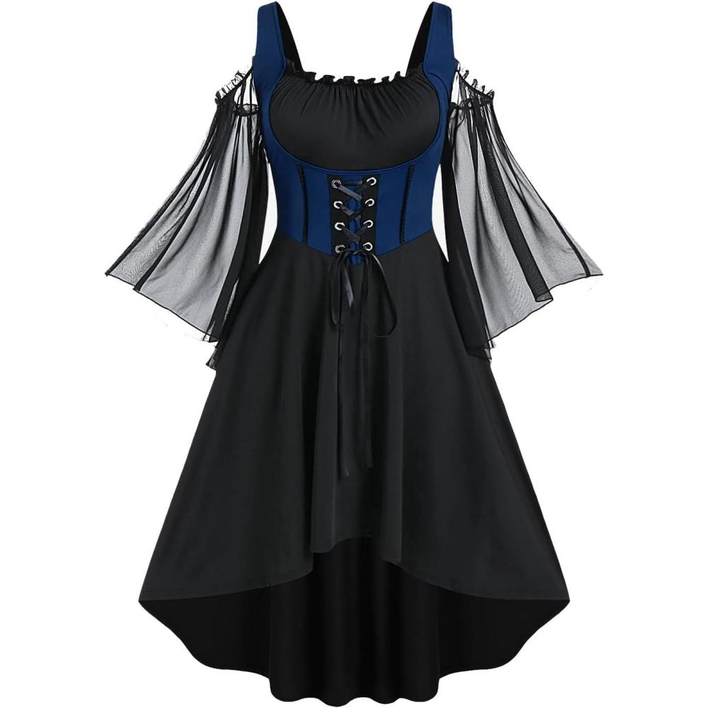 image:imageROSE GAL Women Plus Size Punk Cold Shoulder Flare Sleeves Lace Gothic DressBlack304