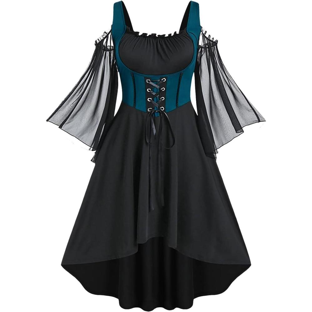 image:imageROSE GAL Women Plus Size Punk Cold Shoulder Flare Sleeves Lace Gothic DressBlue1