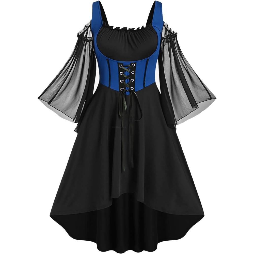 image:imageROSE GAL Women Plus Size Punk Cold Shoulder Flare Sleeves Lace Gothic DressBlue2