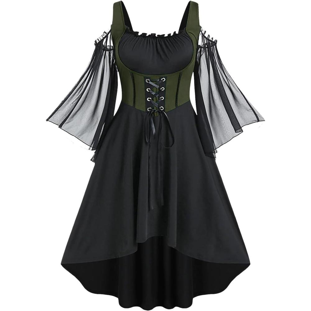 image:imageROSE GAL Women Plus Size Punk Cold Shoulder Flare Sleeves Lace Gothic DressGreen1