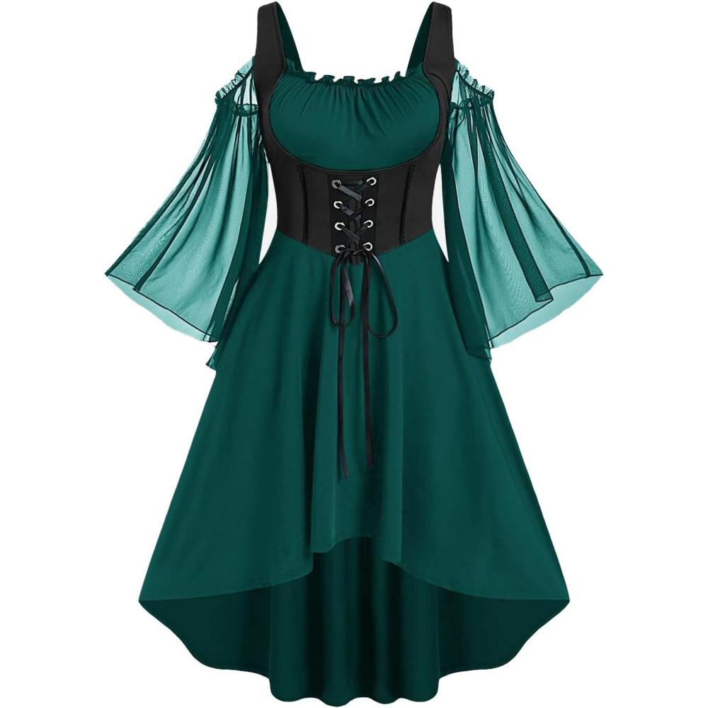 image:imageROSE GAL Women Plus Size Punk Cold Shoulder Flare Sleeves Lace Gothic DressGreen4