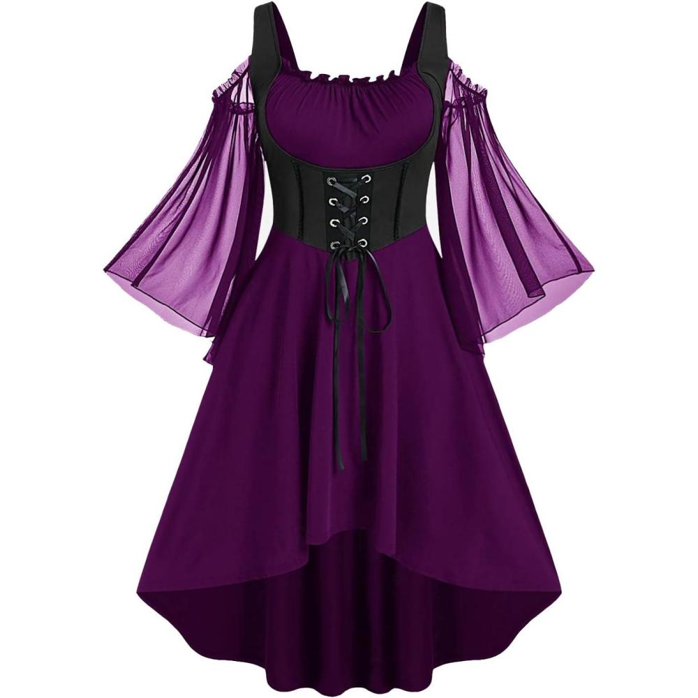 image:imageROSE GAL Women Plus Size Punk Cold Shoulder Flare Sleeves Lace Gothic DressPurple2