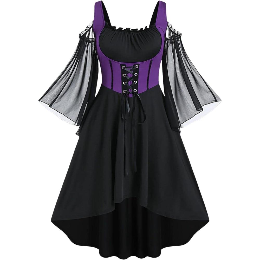 image:imageROSE GAL Women Plus Size Punk Cold Shoulder Flare Sleeves Lace Gothic DressPurple214