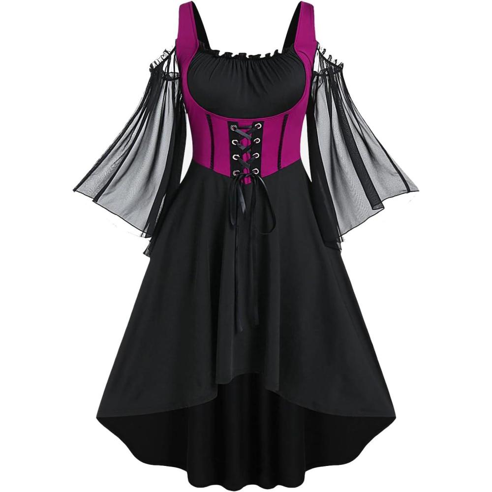 image:imageROSE GAL Women Plus Size Punk Cold Shoulder Flare Sleeves Lace Gothic DressRed2