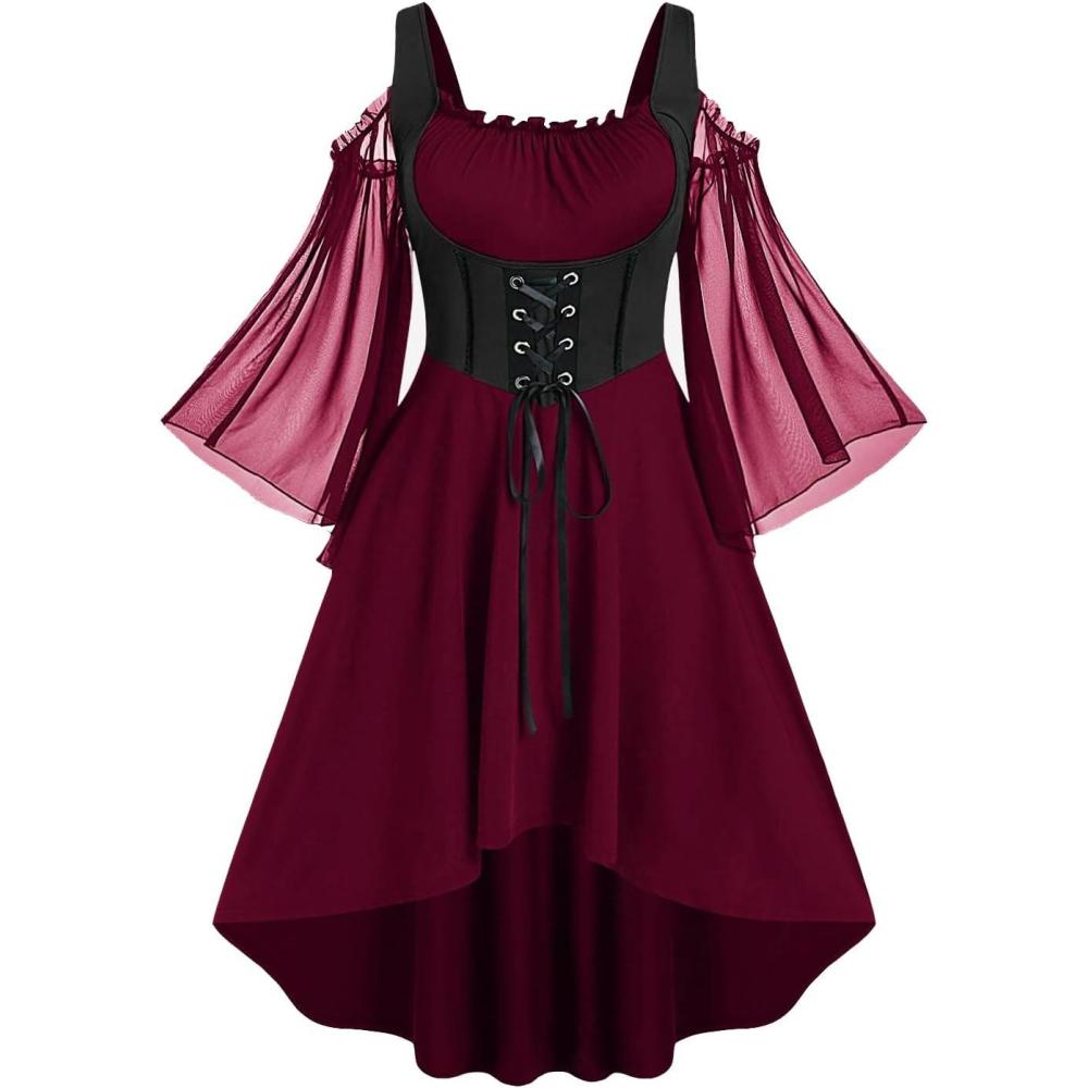 image:imageROSE GAL Women Plus Size Punk Cold Shoulder Flare Sleeves Lace Gothic DressRed3