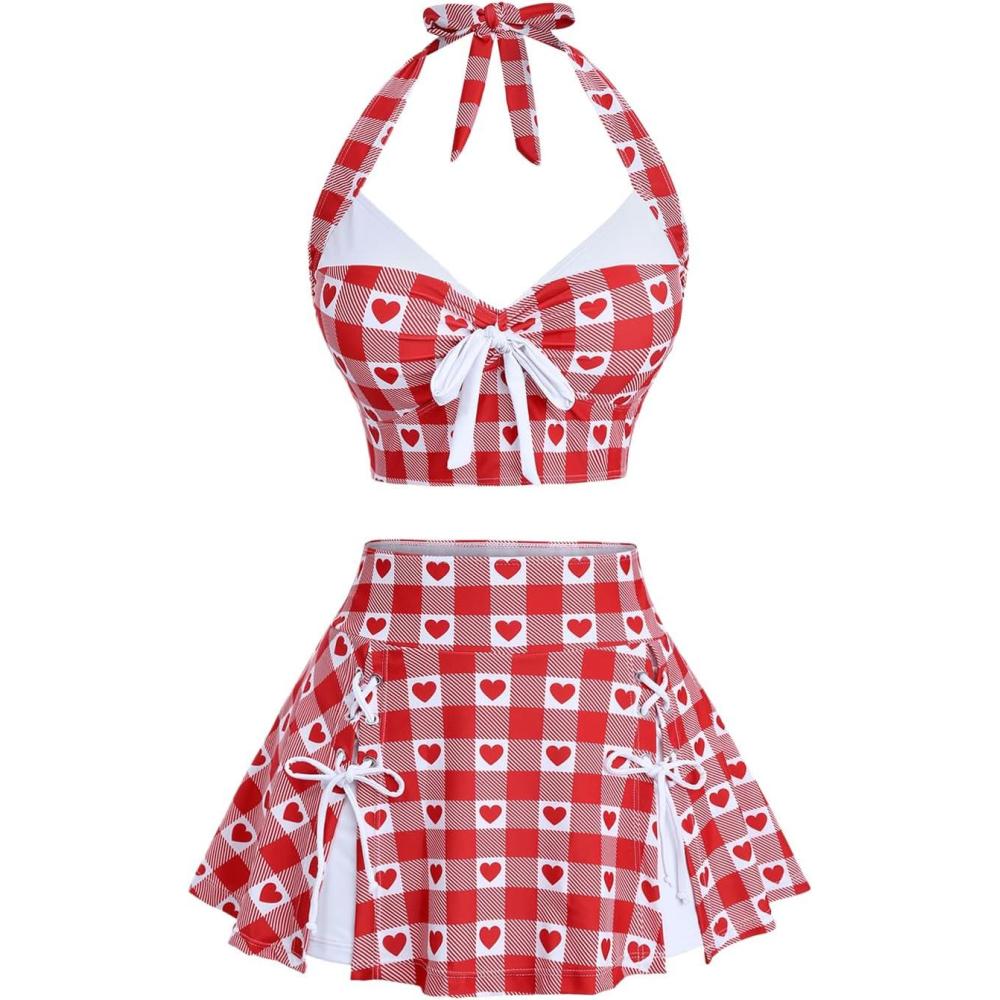 image:imageROSE GAL Women Plus Size Retro Bikini Gingham Two Piece Swimsuit with Skirt Halter Tummy Control Bathing SuitRed
