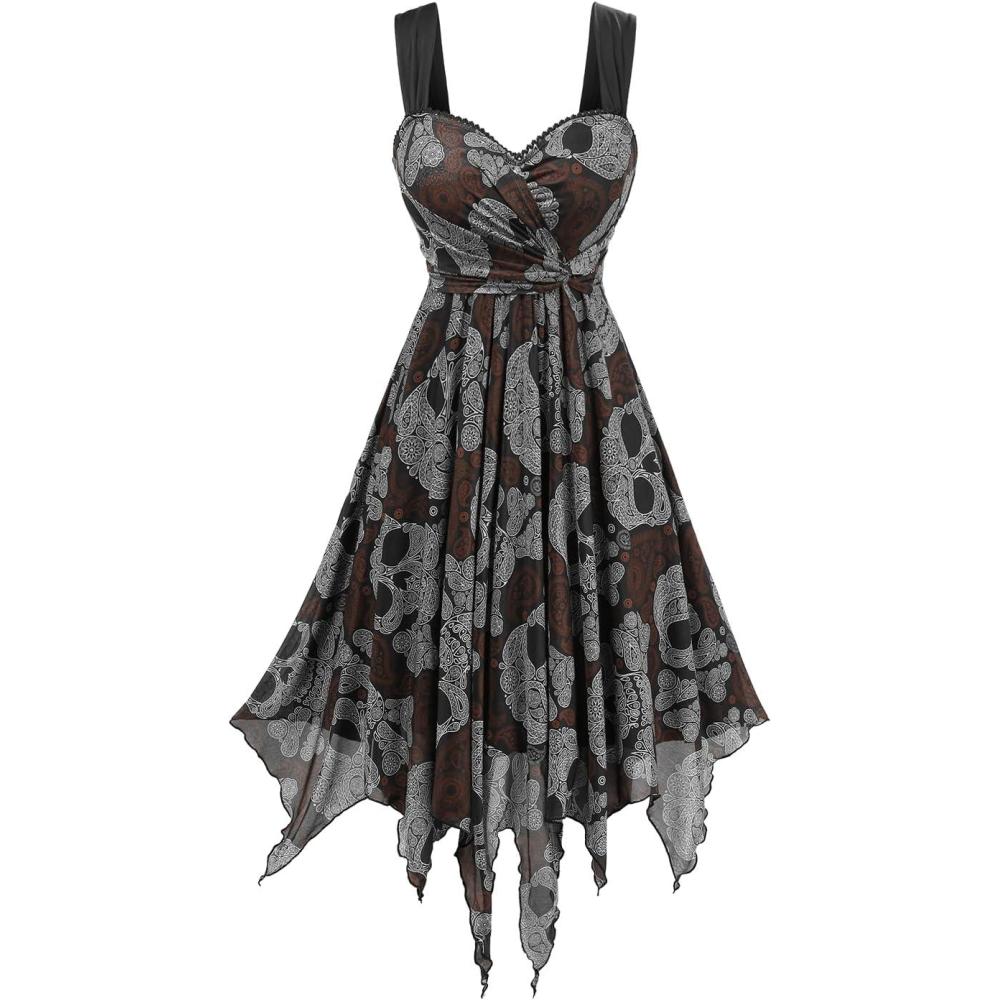 image:imageROSE GAL Women Plus Size Retro Gothic Dress Paisley Skull Print Layered Handkerchief Midi Tank DressBlack