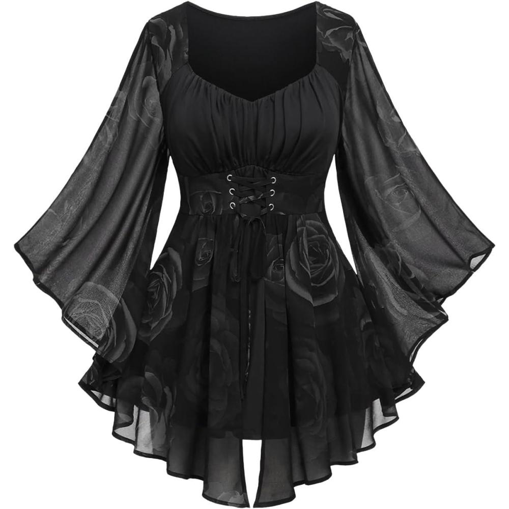 image:imageROSE GAL Women Plus Size Romantic Gothic Laceup Bell Sleeves Tee Flare Sleeves Renaissance Top Goth Costume TopBlack1