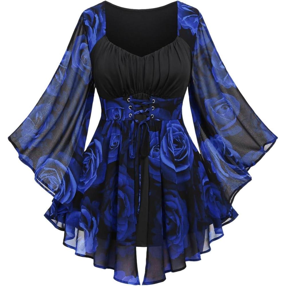 image:imageROSE GAL Women Plus Size Romantic Gothic Laceup Bell Sleeves Tee Flare Sleeves Renaissance Top Goth Costume TopBlue1