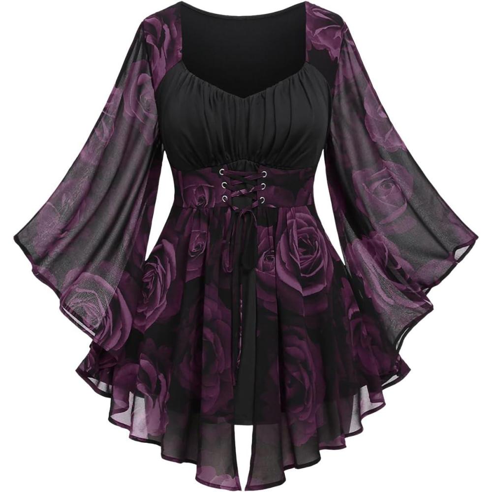 image:imageROSE GAL Women Plus Size Romantic Gothic Laceup Bell Sleeves Tee Flare Sleeves Renaissance Top Goth Costume TopPurple1