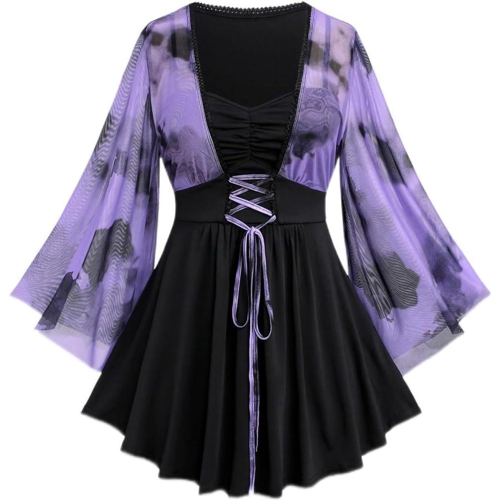 image:imageROSE GAL Women Plus Size Romantic Gothic Laceup Mesh Bell Sleeves Tee Renaissance Top Gothic TopPurple1