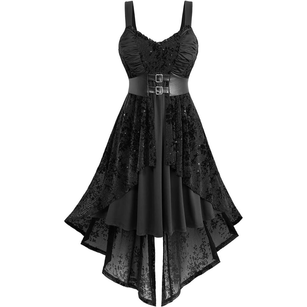 image:imageROSE GAL Women Plus Size Sleeveless Glitter Floral Flocking Layered High Low A Line Midi Goth DressBlack