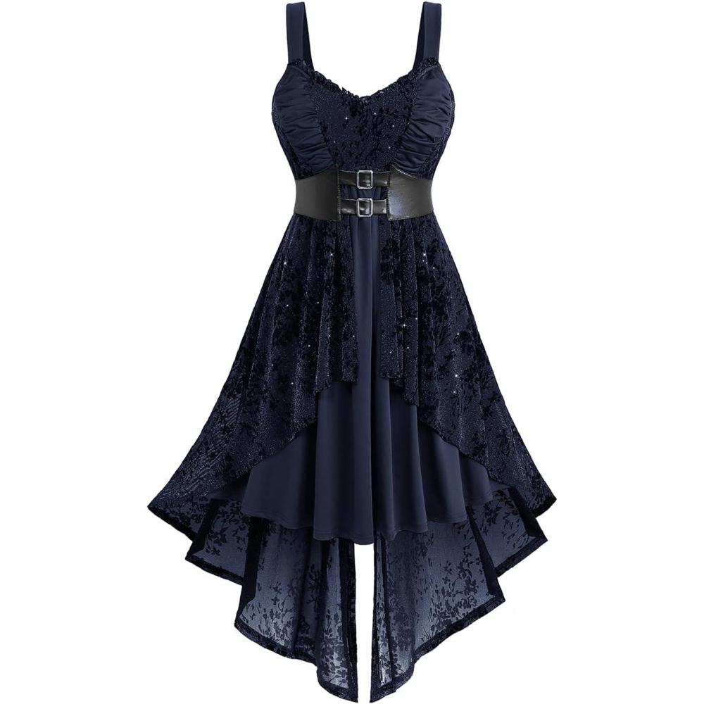 image:imageROSE GAL Women Plus Size Sleeveless Glitter Floral Flocking Layered High Low A Line Midi Goth DressDeep Blue