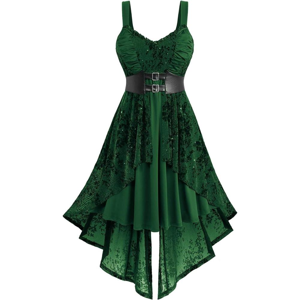 image:imageROSE GAL Women Plus Size Sleeveless Glitter Floral Flocking Layered High Low A Line Midi Goth DressGreen