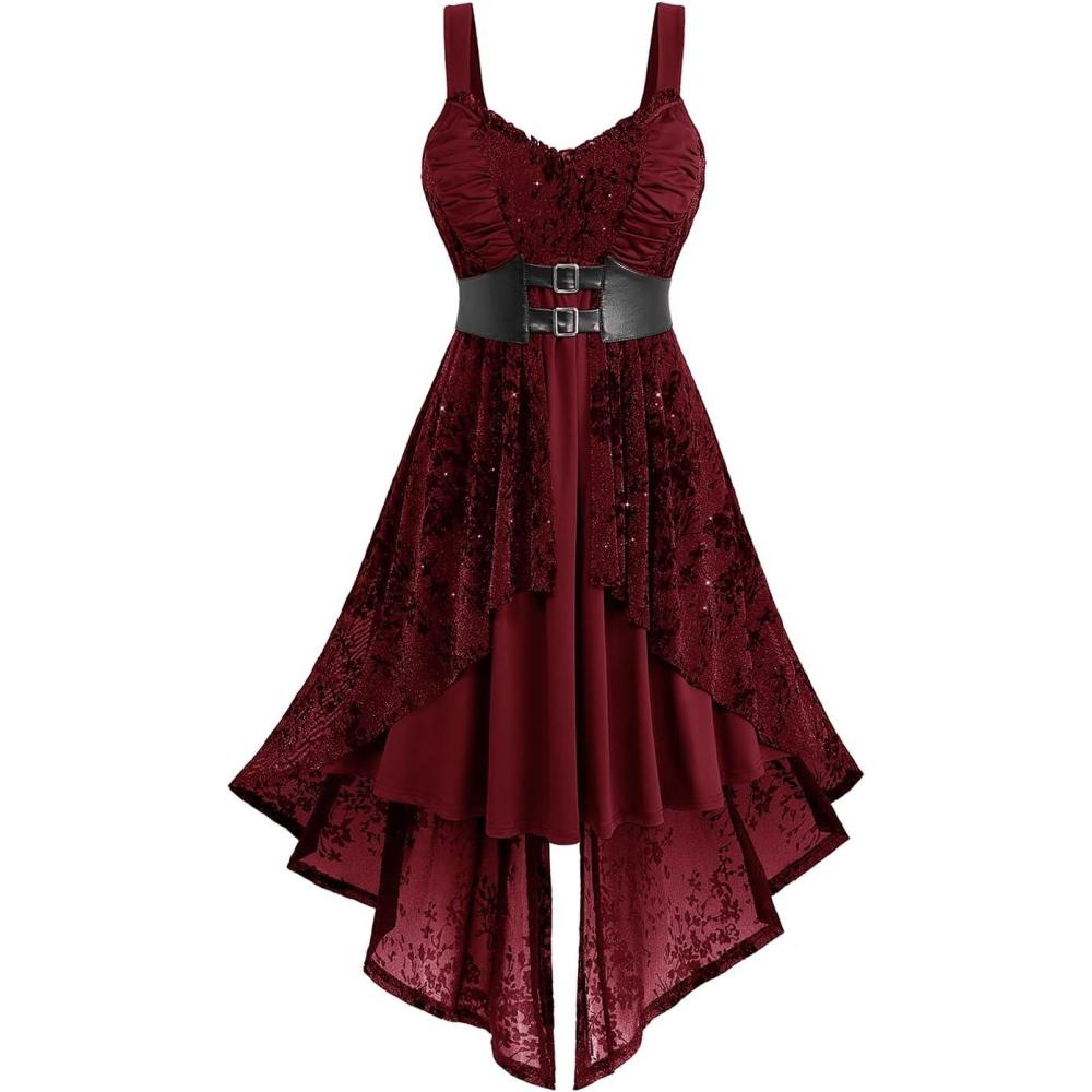 image:imageROSE GAL Women Plus Size Sleeveless Glitter Floral Flocking Layered High Low A Line Midi Goth DressRed
