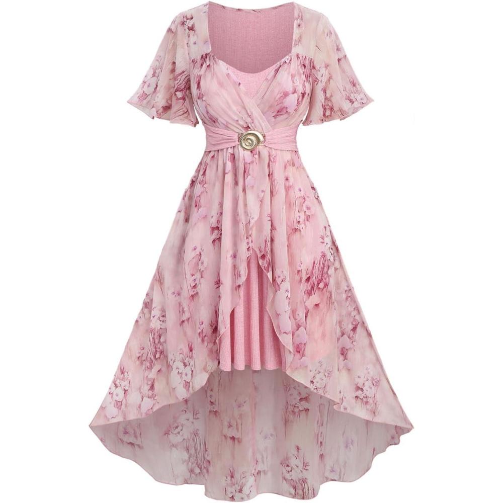 image:imageROSE GAL Women Plus Size Summer Cottagecore Dress Floral Print High Low Hem 2 in 1 Vacation SundressPink